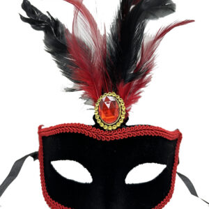 Kırmızı Dantelli Siyah Kırmızı Tüylü Siyah Süet Kaplama Parti Maskesi 17x25 cm (5286)