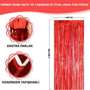 Kırmızı Renk Ekstra Metalize Parlak Saçaklı Arka Fon Perde İthal A Kalite 1x2 Metre (5286)