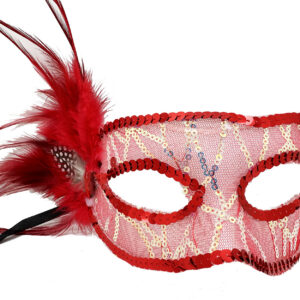 Kırmızı Renk Yandan Tüylü Pul Payet İşlemeli Parti Maskesi 23x12 cm (5286)