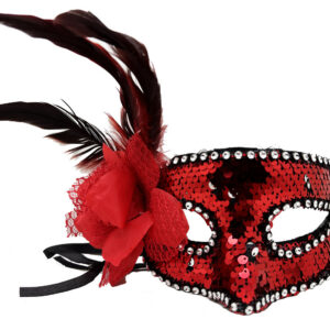 Kırmızı Renk Yandan Tüylü Güllü Gümüş Taşlı Pullu Maske 20x22 cm (5286)