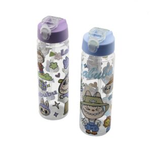 LABUBU ÇOCUK ÇİZGİ FİLM KARAKTER RESİMLİ SU MATARASI ŞEFFAF PLASTİK PİPETLİ KİLİTLİ KAPAK (5286)