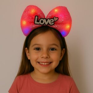 LED Işıklı Love Yazılı Fuşya Fiyonk Taç – Kız Çocuk Parti Tacı (5286)