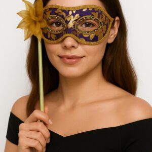 Lüks Taşlı Saplı Maskeli Balo Maskesi Mor Renk 35 cm (5286)