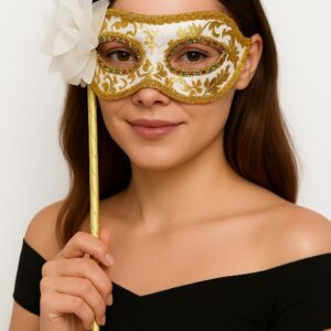 Lüks Taşlı Saplı Maskeli Balo Maskesi Beyaz Renk 35 cm (5286)