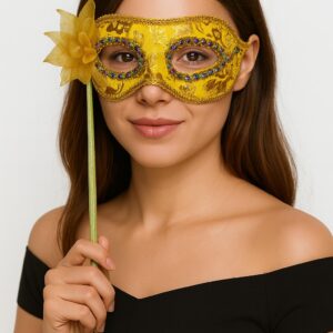 Lüks Taşlı Saplı Maskeli Balo Maskesi Altın Renk 35 cm (5286)