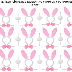 Pembe Tavşan Kostüm Seti – Taç, Papyon, Ponpon (12’li Paket) (5286)