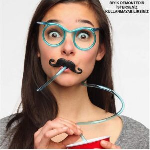 Pipetli Parti Gözlüğü - Çocuk ve Yetişkin Bıyıklı Pipet Gözlük Mavi Renk 18x14 cm (5286)