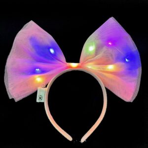 Rengarenk Led Işıklı Fiyonk Şekilli Tül Parti Tacı Pembe Renk 25x25 cm (5286)