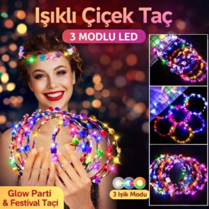 Renkli LED Çiçek Taç – 3 Işık Modlu Glow Parti Tacı (5286)