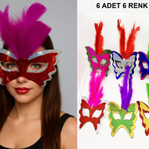 Renkli Parti Maskesi 6'lı | Tüylü Karton Maske Seti (Lastikli) (5286)