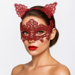 Romantik Kırmızı Dantel Maske Seti – Kedi Kulaklı Taç ve Maske 3 No (5286)