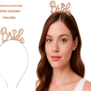 Rose Gold Renkli Taşlı “Bride” Gelin Tacı – El Yazısı Yazı Tipiyle (5286)