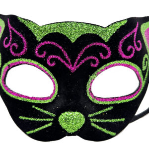 Siyah Kadife Kaplama Üzeri Pembe Yeşil Sim İşlemeli Kedi Maskesi 20x13 cm (5286)