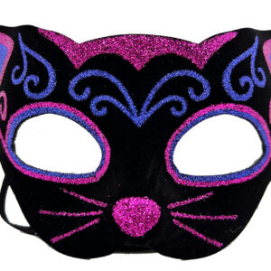 Siyah Kadife Kaplama Üzeri Pembe Mavi Sim İşlemeli Kedi Maskesi 20x13 cm (5286)