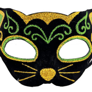 Siyah Kadife Kaplama Üzeri Sarı Yeşil Sim İşlemeli Kedi Maskesi 20x13 cm (5286)