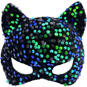 Siyah Kadife Kumaş Üzerine Mavi Yeşil Payetli Pullu Parti Maskesi 16x14 cm (5286)