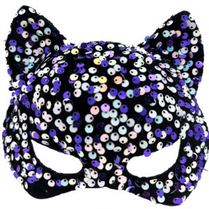 Siyah Kadife Kumaş Üzerine Mor Beyaz Payetli Pullu Parti Maskesi 16x14 cm (5286)