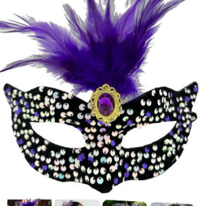 Siyah Kadife Üzeri Rengarenk Payetli Pullu Mor Tüylü Mor Taşlı Parti Maskesi 19x21 cm (5286)
