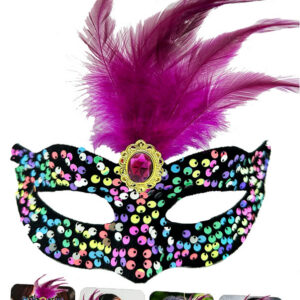 Siyah Kadife Üzeri Rengarenk Payetli Pullu Pembe Tüylü Pembe Taşlı Parti Maskesi 19x21 cm (5286)