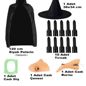 Siyah Kapüşonlu Pelerin 120 cm Tırnaklar Diş Çene Burun ve Şapka Seti (5286)