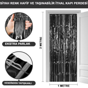 Siyah Renk Ekstra Metalize Parlak Saçaklı Arka Fon Perde İthal A Kalite 1x2 Metre (5286)