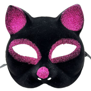 Siyah Renk Fuşya Simli Süet Kaplama Kedi Maskesi 18x14 cm (5286)