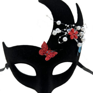 Siyah Renk İncili Taşlı Süet Kaplama Venedik Parti Maskesi 20x22 cm (5286)