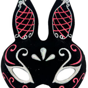 Siyah Renk Kırmızı Beyaz Simli Siyah Süet Kaplama Tavşan Maskesi 18x16 cm (5286)