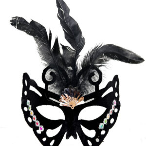 Siyah Renk Siyah Süet Kaplama Tüylü Kelebek Figür Parti Maskesi 24x18 cm (5286)