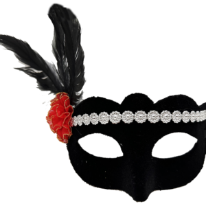 Siyah Renk Süet Kaplama Gümüş Dantelli Kırmızı Gül Tasarımlı Parti Maskesi 18x20 cm (5286)