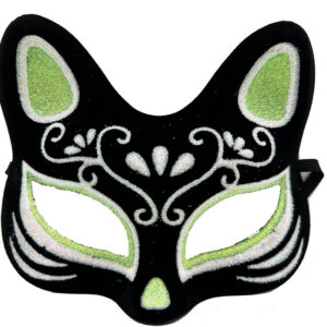 Siyah Renk Süet Kaplama Üzeri Gümüş Yeşil Simli Kedi Maskesi 17x14 cm (5286)