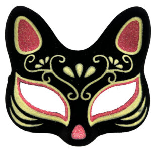 Siyah Renk Süet Kaplama Üzeri Kırmızı Sarı Simli Kedi Maskesi 17x14 cm (5286)