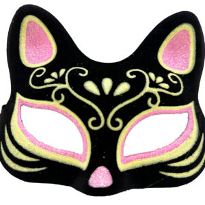 Siyah Renk Süet Kaplama Üzeri Pembe Sarı Simli Kedi Maskesi 17x14 cm (5286)