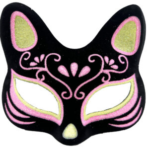 Siyah Renk Süet Kaplama Üzeri Sarı Pembe Simli Kedi Maskesi 17x14 cm (5286)