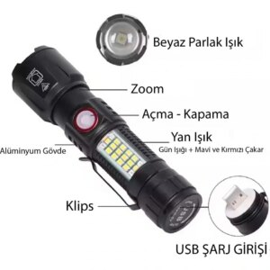 WS-2828 Ultra USB Şarjlı Polis El Feneri, Bekçi, Asker El Feneri Kırmızı Mavi Çakarlı 1000 Lümen (5286)