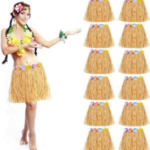 Yetişkin ve Çocuk Uyumlu Saman Renk Hawaii Luau Hula Etek 40 cm 12 Adet (5286)