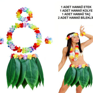 Yetişkin Hawaii Kostüm Seti - Yaprak Etek &amp; Hawaii Set - 5 Parça (5286)
