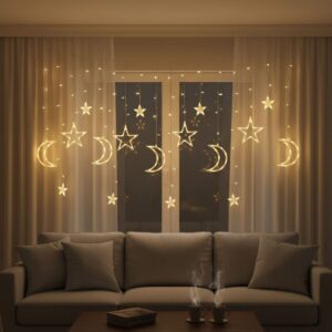 Ay ve Yıldız Figürlü Kumandalı 12 Sarkıtlı 120 LED Dekor Işık – Dekoratif Ortam ve Masaüstü Aydınlatması (5286)