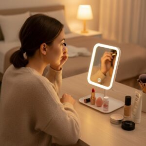 ANKAVERSE® Dokunmatik LED Işıklı Kare Makyaj Aynası – Altı Organizer Kaseli, Ayarlanabilir Aydınlatmalı Masaüstü Makyaj ve Cilt Bakım Aynası