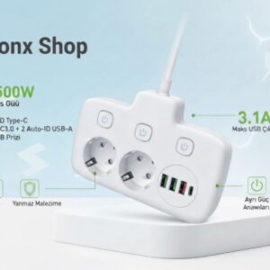 2500W Güçlü Akım Korumalı 3 USB + Type-C Portlu Çoklu Priz | Hızlı Şarj, Çocuk Kilidi, 850°C Yanmaz Malzeme