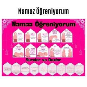 Çocuklar İçin Renkli  "Namaz Öğreniyorum" Afişi - 33x48 cm Figürlü Eğitim Materyali Kız