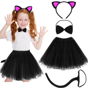 Kedi Kulak Taç Etek Kuyruk ve Papyon 4 lü Set Çocuk Fuşya (5286)