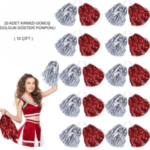Kırmızı Gümüş Metalik Dolgun Gösteri Ponponu 20 Adet (10 Çift) (5286)