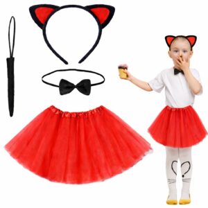 Kırmızı Renk Etekli Kedi Kostüm Seti (Tütü, Taç, Papyon, Kuyruk) (5286)