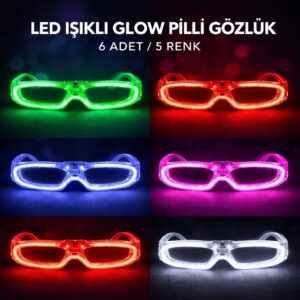 LED Işıklı Glow Pilli Parti Gözlüğü - Glow Efektli 6 Adet 5 Renk (5286)