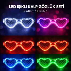 LED Işıklı Kalp Glow Pilli Parti Gözlüğü – 6 Adet / 5 Renk Set (5286)
