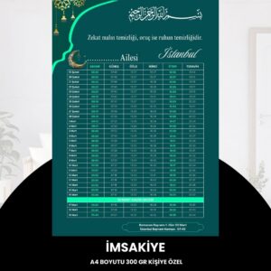 Ramazan İmsakiyesi - 300 Gr - A4 Boyut Kişiye Özel İsimli & Logolu 10 Adet Yeşil-turkuaz