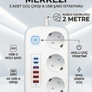 2500W Çoklu Priz 2 METRE – 3’lü AC Priz +5 USB Çıkışı AKIM KORUMALI Alev Almayan Gövde,
