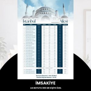 Ramazan İmsakiyesi - 300 Gr - A4 Boyut Kişiye Özel İsimli & Logolu 1 Adet Mavi