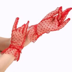 Kısa Boy Güpürlü Kırmızı Puantiyeli Tül Eldiven Kırmızı Renk